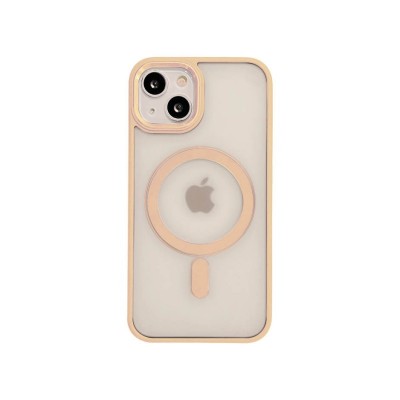 Husa iPhone 13, Premium MagSafe, Butoane Metalice, Spate Transparent, Rama Roz